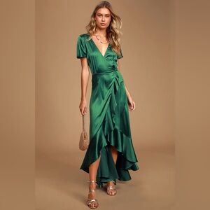 NWT Lulu’s Love Of Your Life Dark Green Satin Ruffled Wrap Maxi Dress sz XS